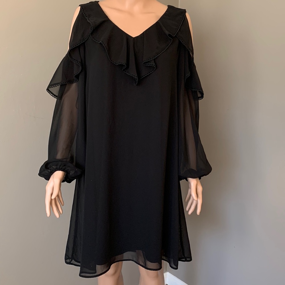 Taylor Black Dress with cut out shoulders and sheer sleeves